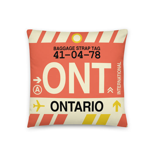ONT Ontario Throw Pillow • Jet Age Baggage Tag Design • YHM Designs - Image 01