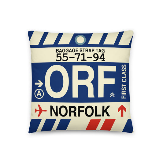 ORF Norfolk Throw Pillow • Jet Age Baggage Tag Design • YHM Designs - Image 01