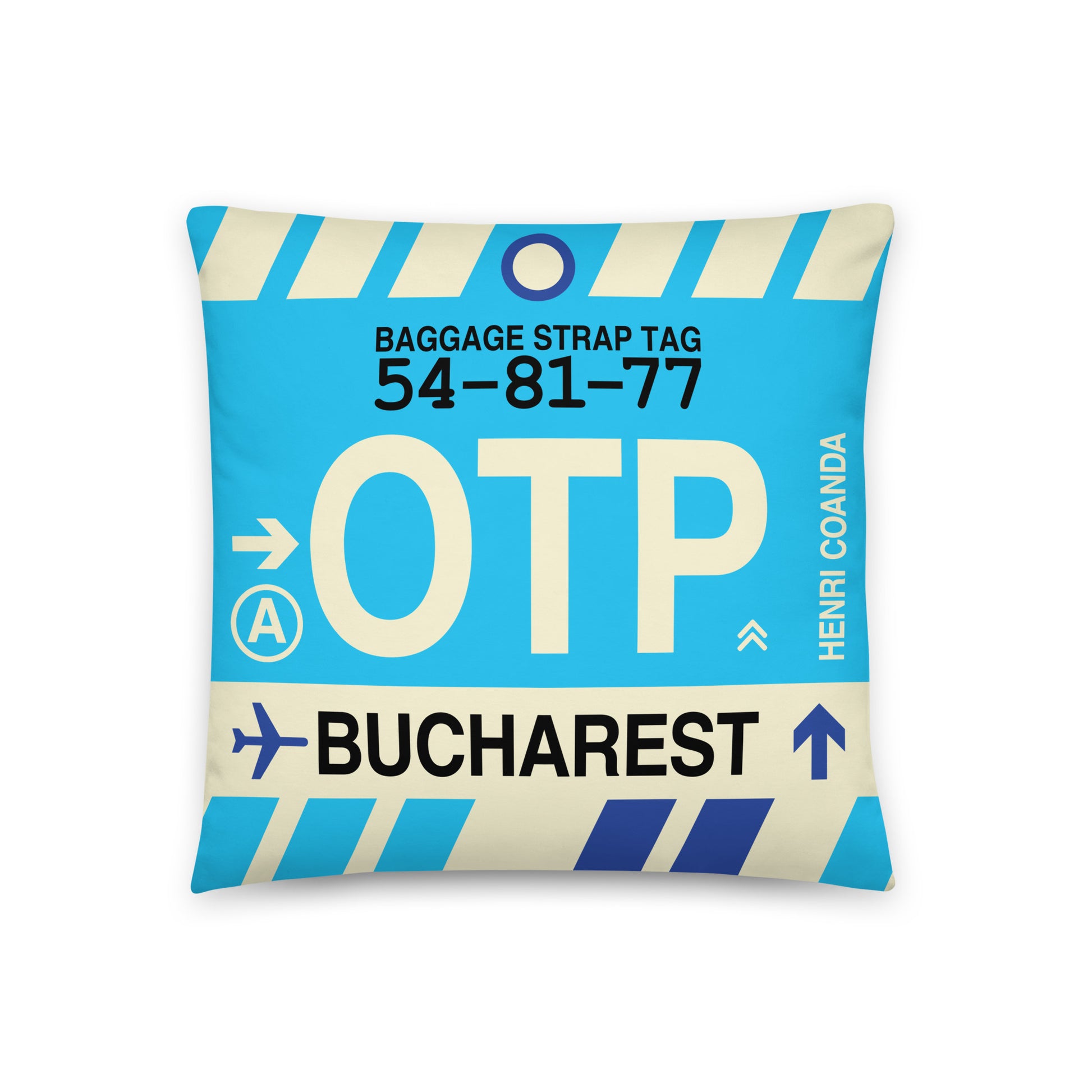 Travel-Themed Throw Pillow • OTP Bucharest • YHM Designs - Image 01
