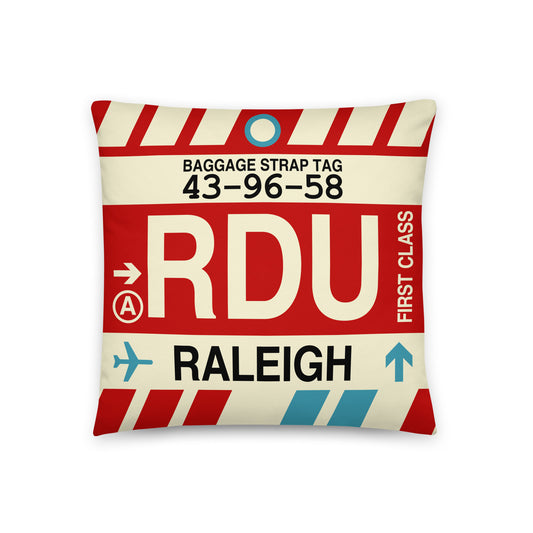 RDU Durham Throw Pillow • Jet Age Baggage Tag Design • YHM Designs - Image 01