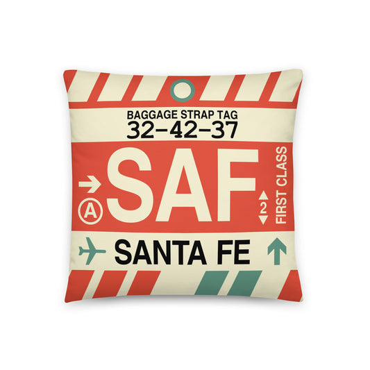 SAF Santa Fe Throw Pillow • Jet Age Baggage Tag Design • YHM Designs - Image 01