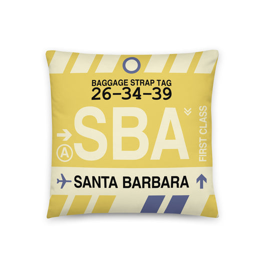 SBA Santa Barbara Throw Pillow • Jet Age Baggage Tag Design • YHM Designs - Image 01