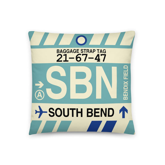 SBN South Bend Throw Pillow • Jet Age Baggage Tag Design • YHM Designs - Image 01
