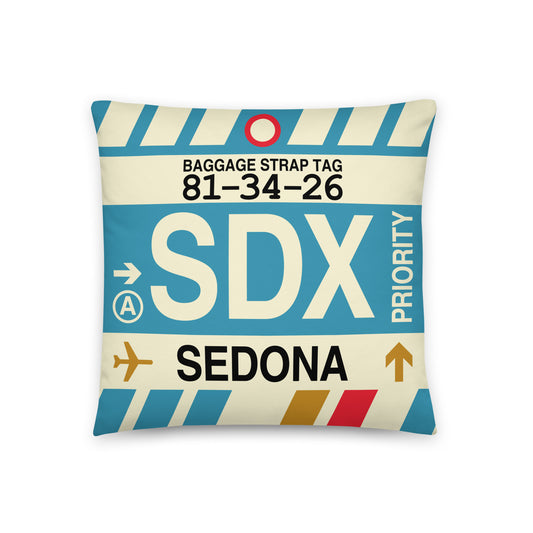 SDX Sedona Throw Pillow • Jet Age Baggage Tag Design • YHM Designs - Image 01