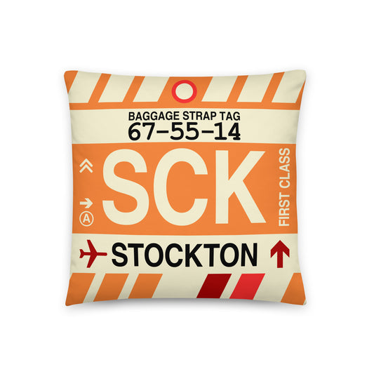 SCK Stockton Throw Pillow • Jet Age Baggage Tag Design • YHM Designs - Image 01