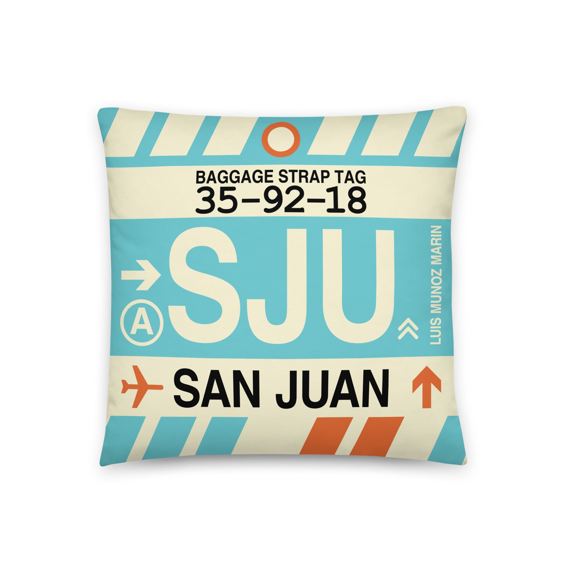Travel-Themed Throw Pillow • SJU San Juan • YHM Designs - Image 01