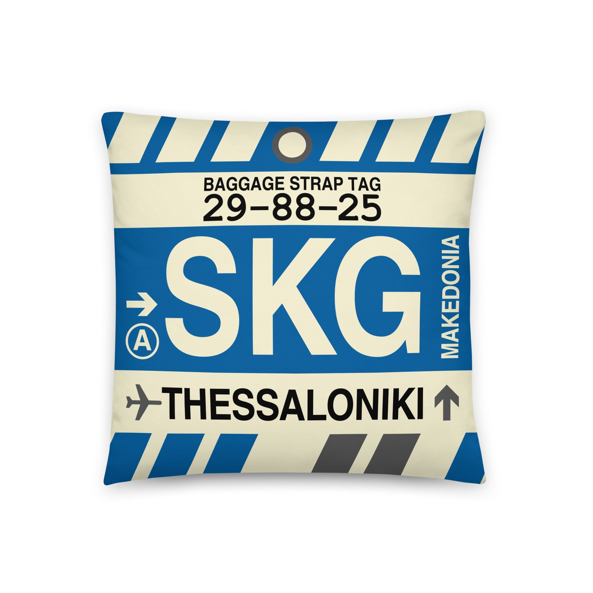 Travel-Themed Throw Pillow • SKG Thessaloniki • YHM Designs - Image 01