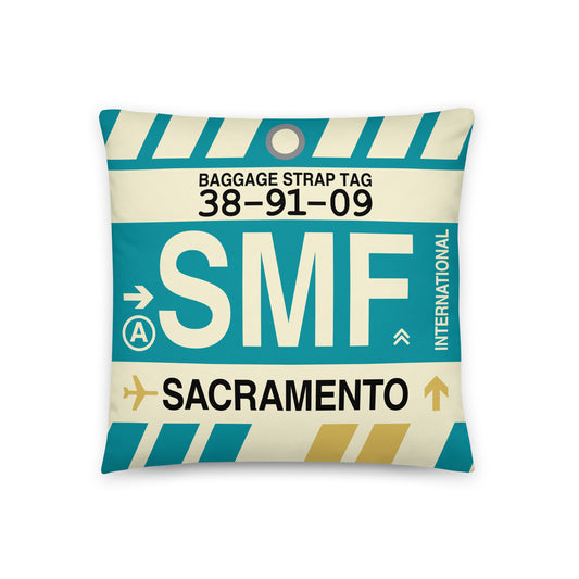 SMF Sacramento Throw Pillow • Jet Age Baggage Tag Design • YHM Designs - Image 01