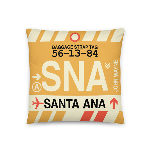 SNA Santa Ana Throw Pillow • Jet Age Baggage Tag Design • YHM Designs - Image 01