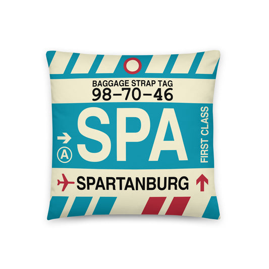 SPA Spartanburg Throw Pillow • Jet Age Baggage Tag Design • YHM Designs - Image 01