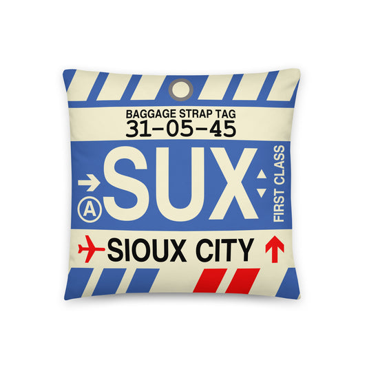 SUX Sioux City Throw Pillow • Jet Age Baggage Tag Design • YHM Designs - Image 01