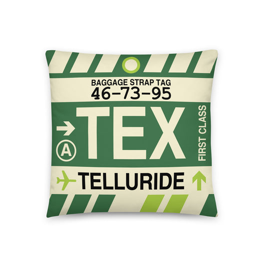 TEX Telluride Throw Pillow • Jet Age Baggage Tag Design • YHM Designs - Image 01