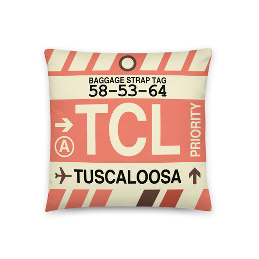 TCL Tuscaloosa Throw Pillow • Jet Age Baggage Tag Design • YHM Designs - Image 01