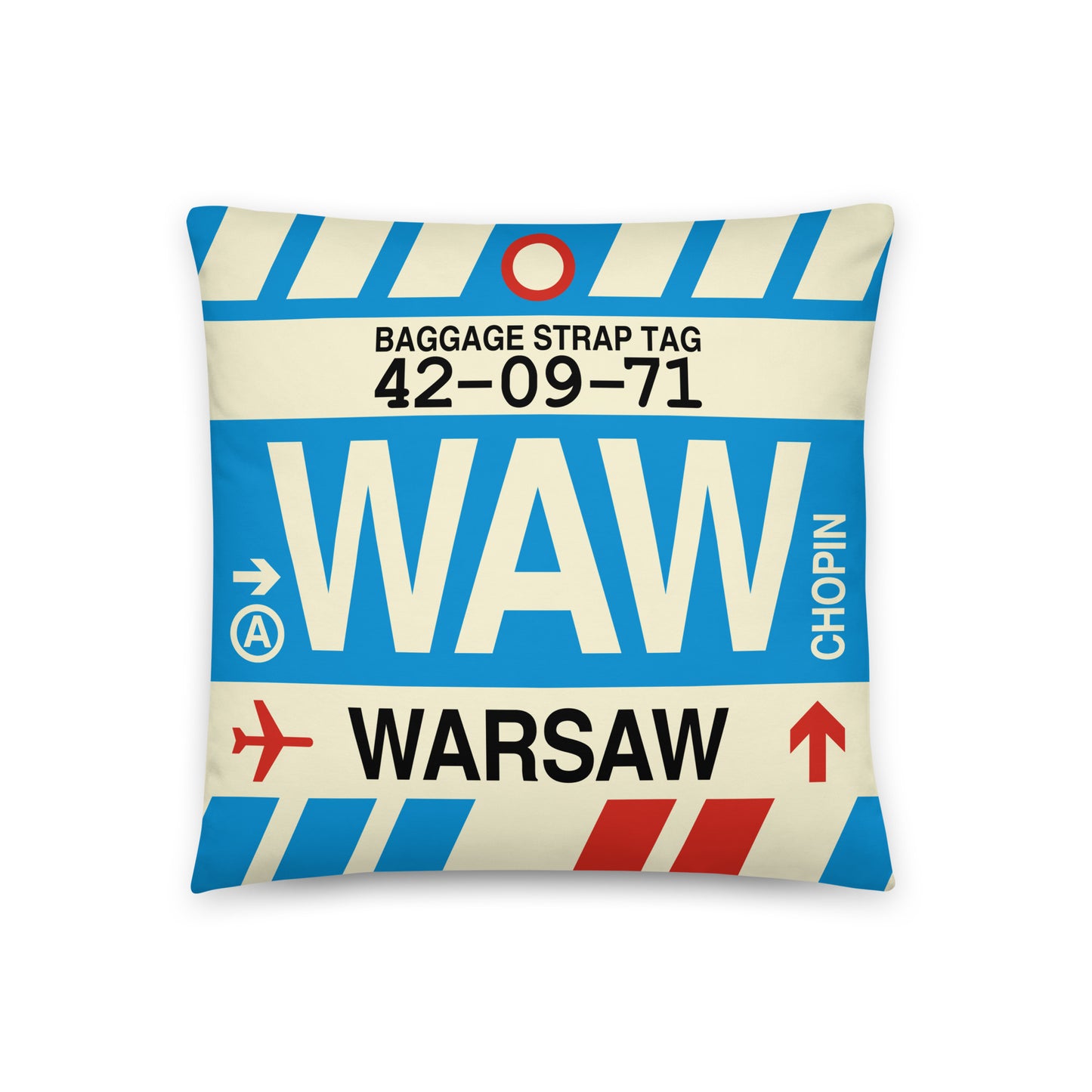Travel-Themed Throw Pillow • WAW Warsaw • YHM Designs - Image 01