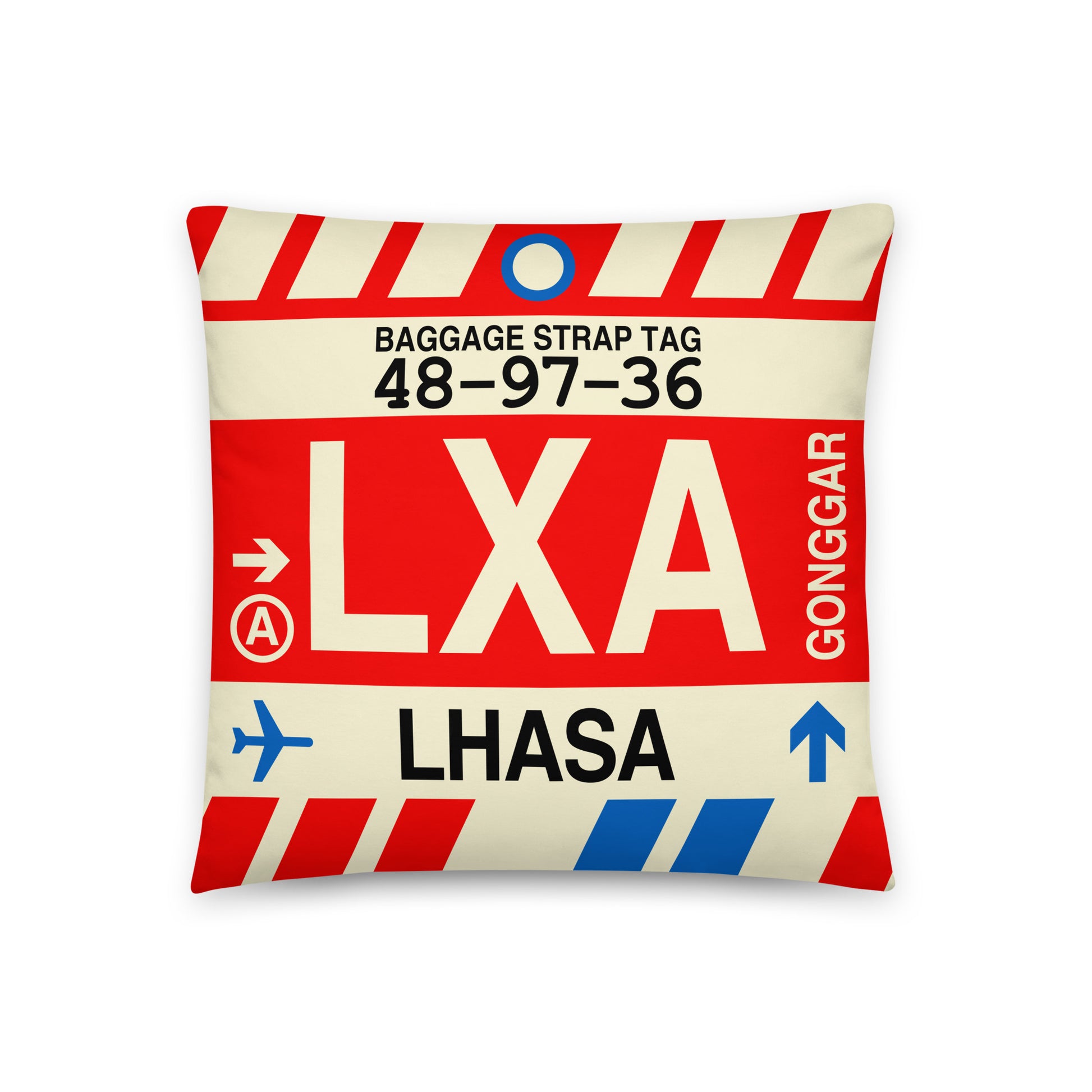 Travel-Themed Throw Pillow • LXA Lhasa • YHM Designs - Image 01