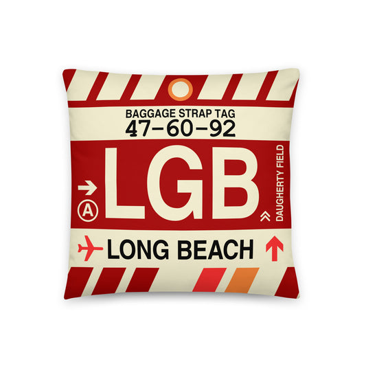 LGB Long Beach Throw Pillow • Jet Age Baggage Tag Design • YHM Designs - Image 01