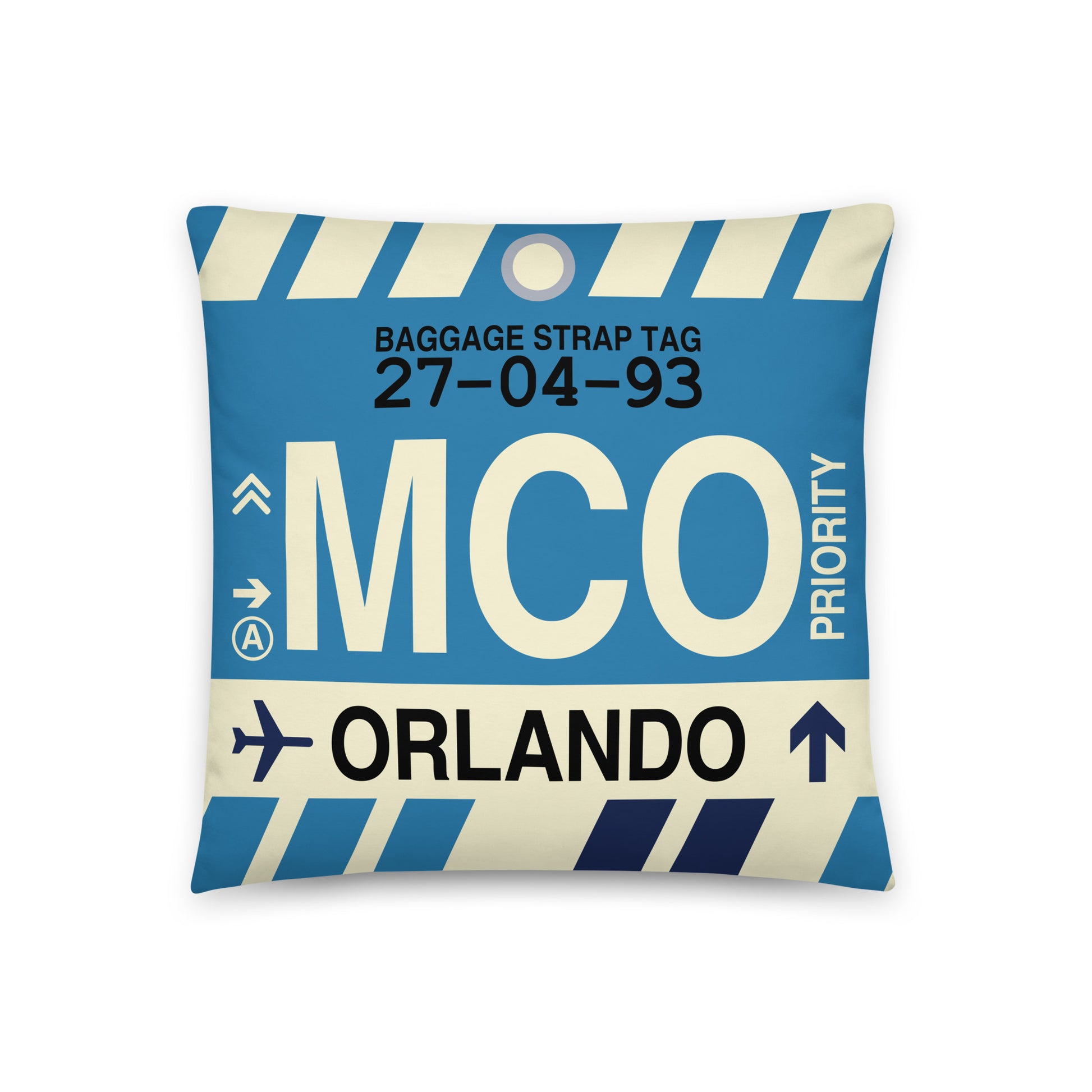 MCO Orlando Throw Pillow • Jet Age Baggage Tag Design • YHM Designs - Image 01
