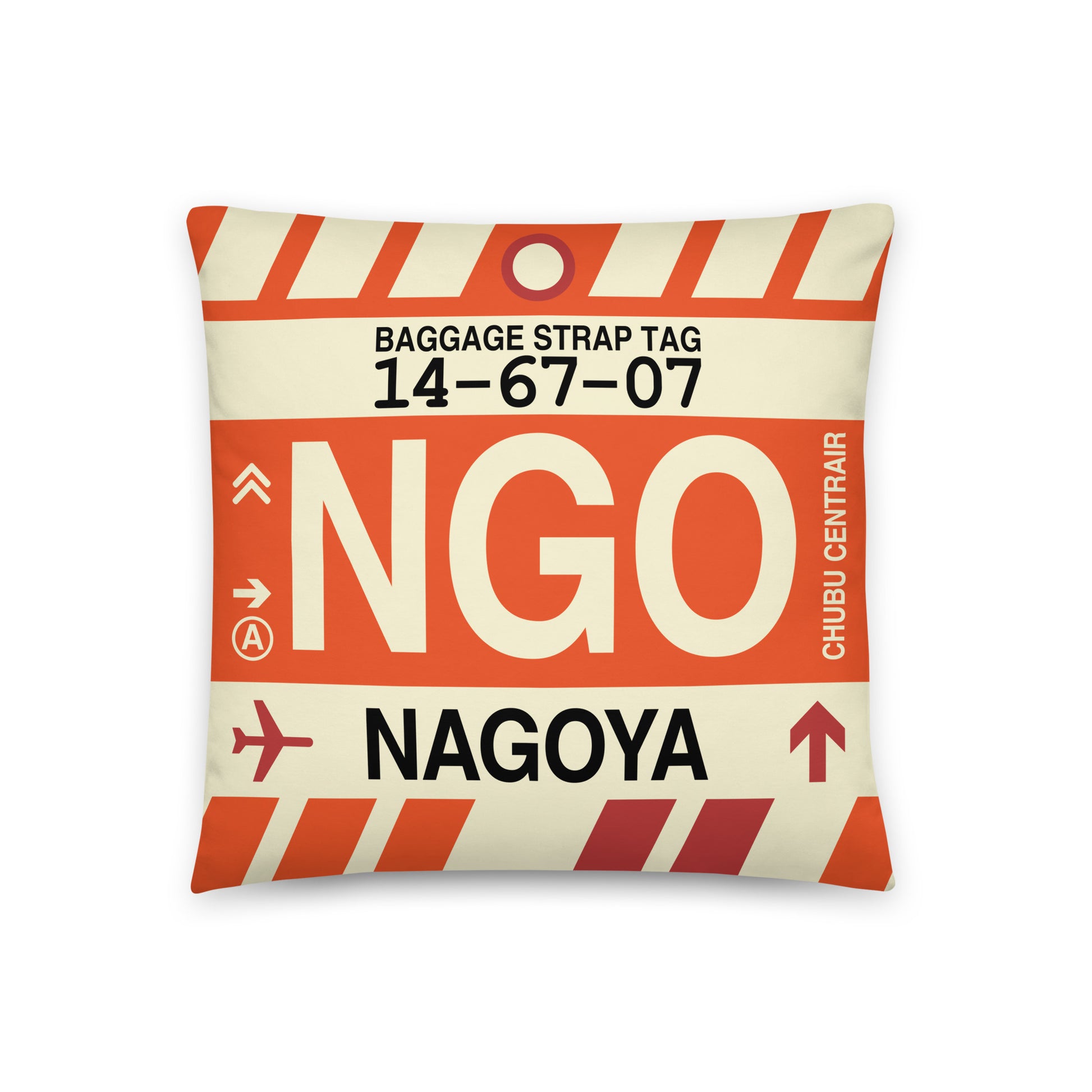 NGO Nagoya Throw Pillow • Jet Age Baggage Tag Design • YHM Designs - Image 01