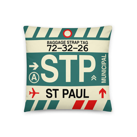 STP St. Paul Throw Pillow • Jet Age Baggage Tag Design • YHM Designs - Image 01
