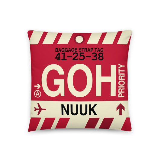 GOH Nuuk Throw Pillow • Jet Age Baggage Tag Design • YHM Designs - Image 01