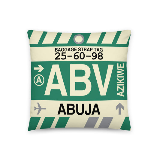 ABV Abuja Throw Pillow • Jet Age Baggage Tag Design • YHM Designs - Image 01