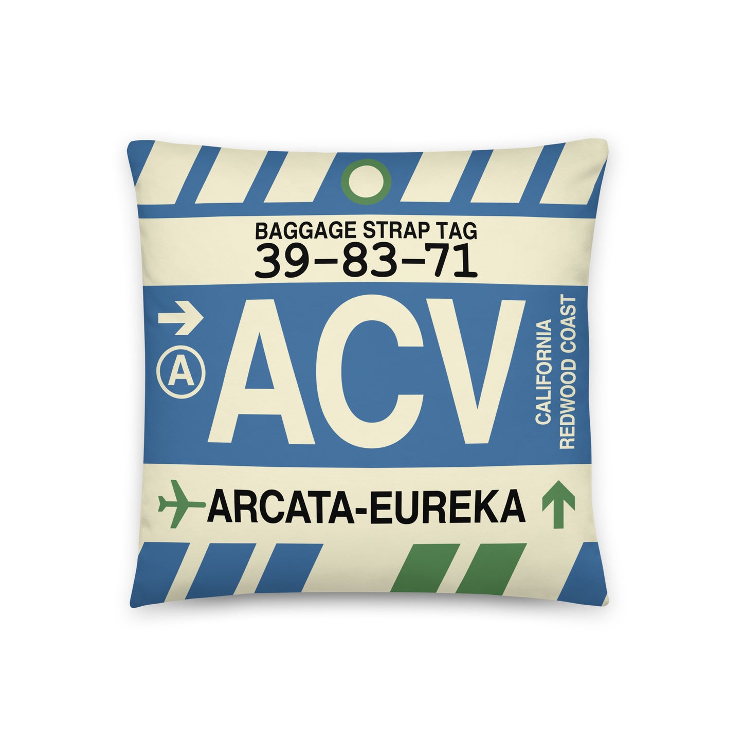 ACV Arcata-Eureka Throw Pillow • Jet Age Baggage Tag Design • YHM Designs - Image 01