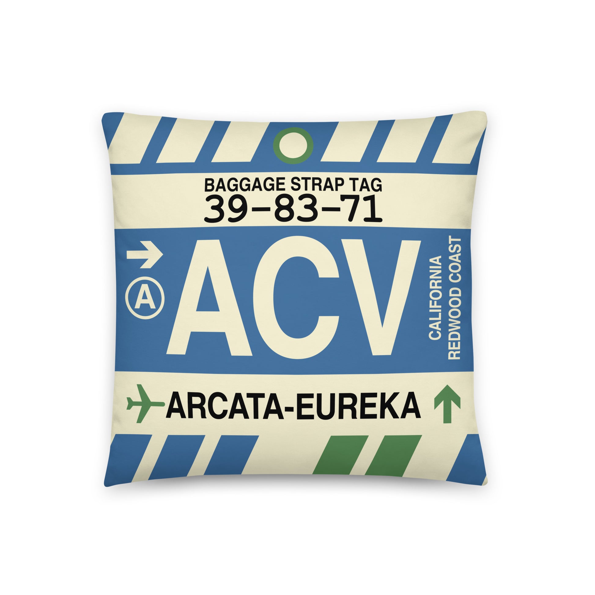 ACV Arcata-Eureka Throw Pillow • Jet Age Baggage Tag Design • YHM Designs - Image 01