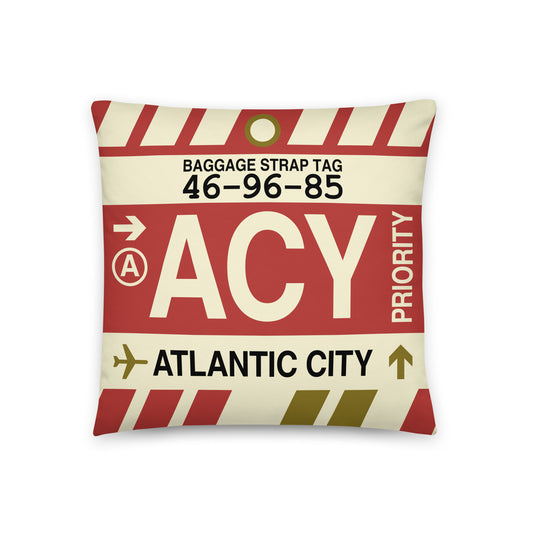 ACY Atlantic City Throw Pillow • Jet Age Baggage Tag Design • YHM Designs - Image 01