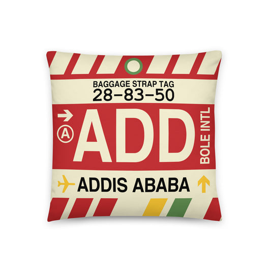 ADD Addis Ababa Throw Pillow • Jet Age Baggage Tag Design • YHM Designs - Image 01