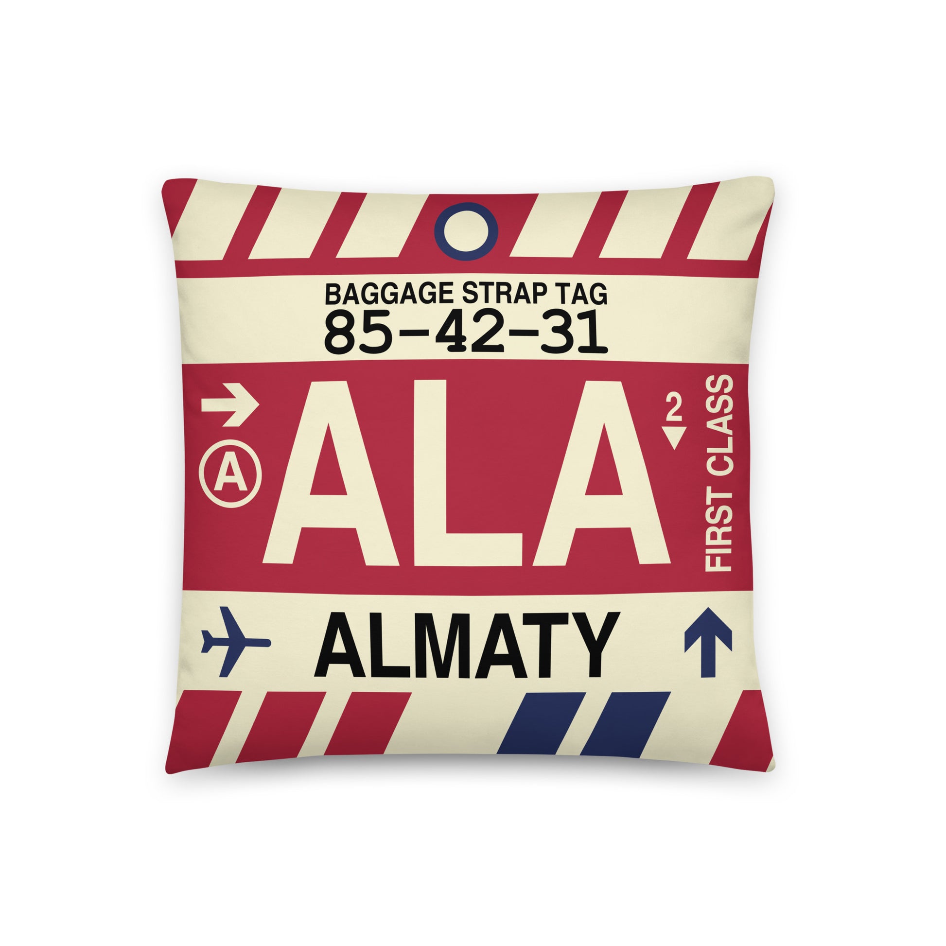 ALA Almaty Throw Pillow • Jet Age Baggage Tag Design • YHM Designs - Image 01