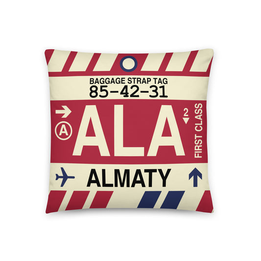 ALA Almaty Throw Pillow • Jet Age Baggage Tag Design • YHM Designs - Image 01