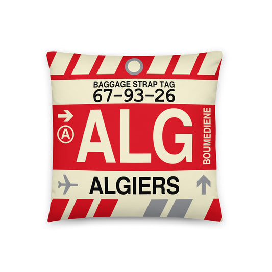 ALG Algiers Throw Pillow • Jet Age Baggage Tag Design • YHM Designs - Image 01
