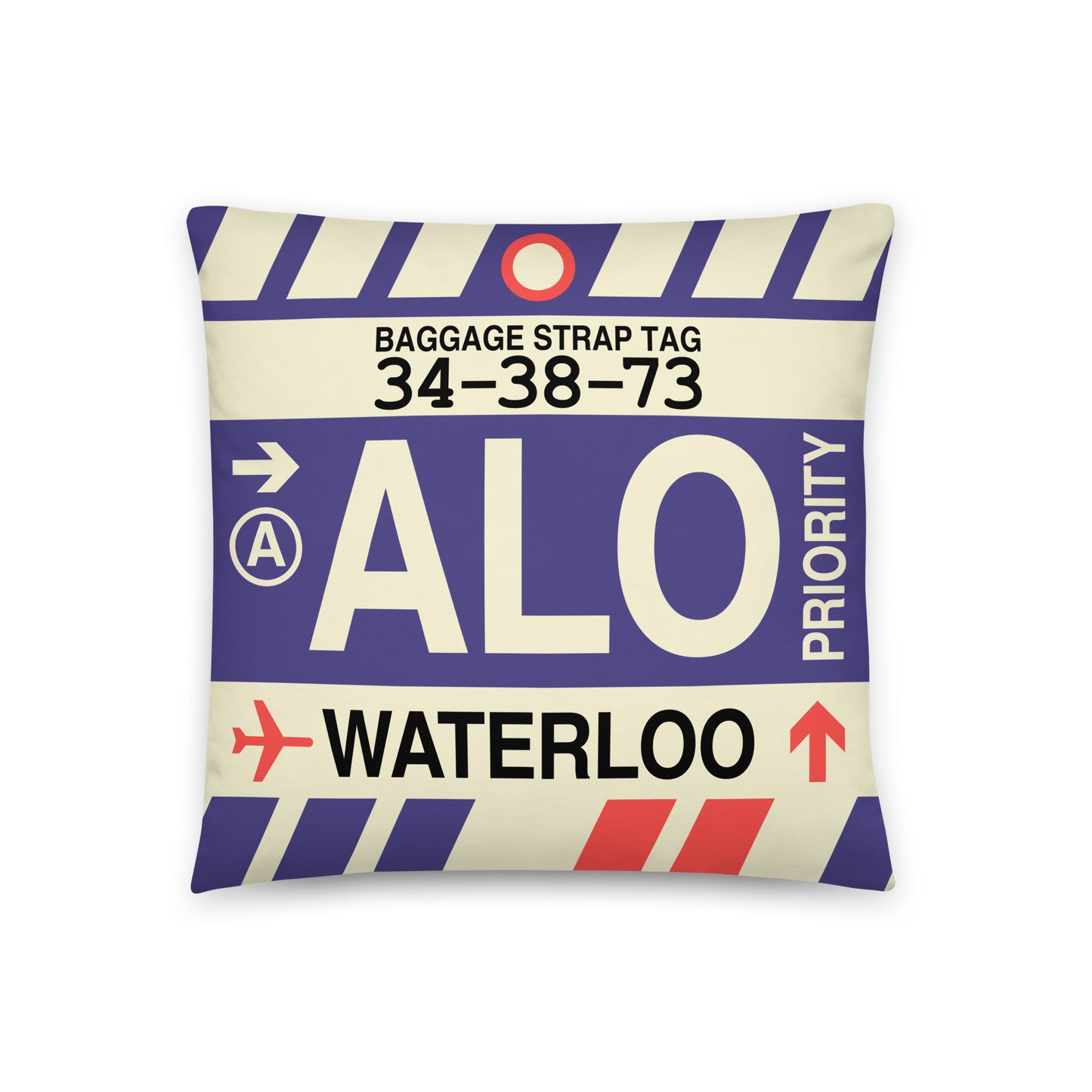 ALO Waterloo Throw Pillow • Jet Age Baggage Tag Design • YHM Designs - Image 01
