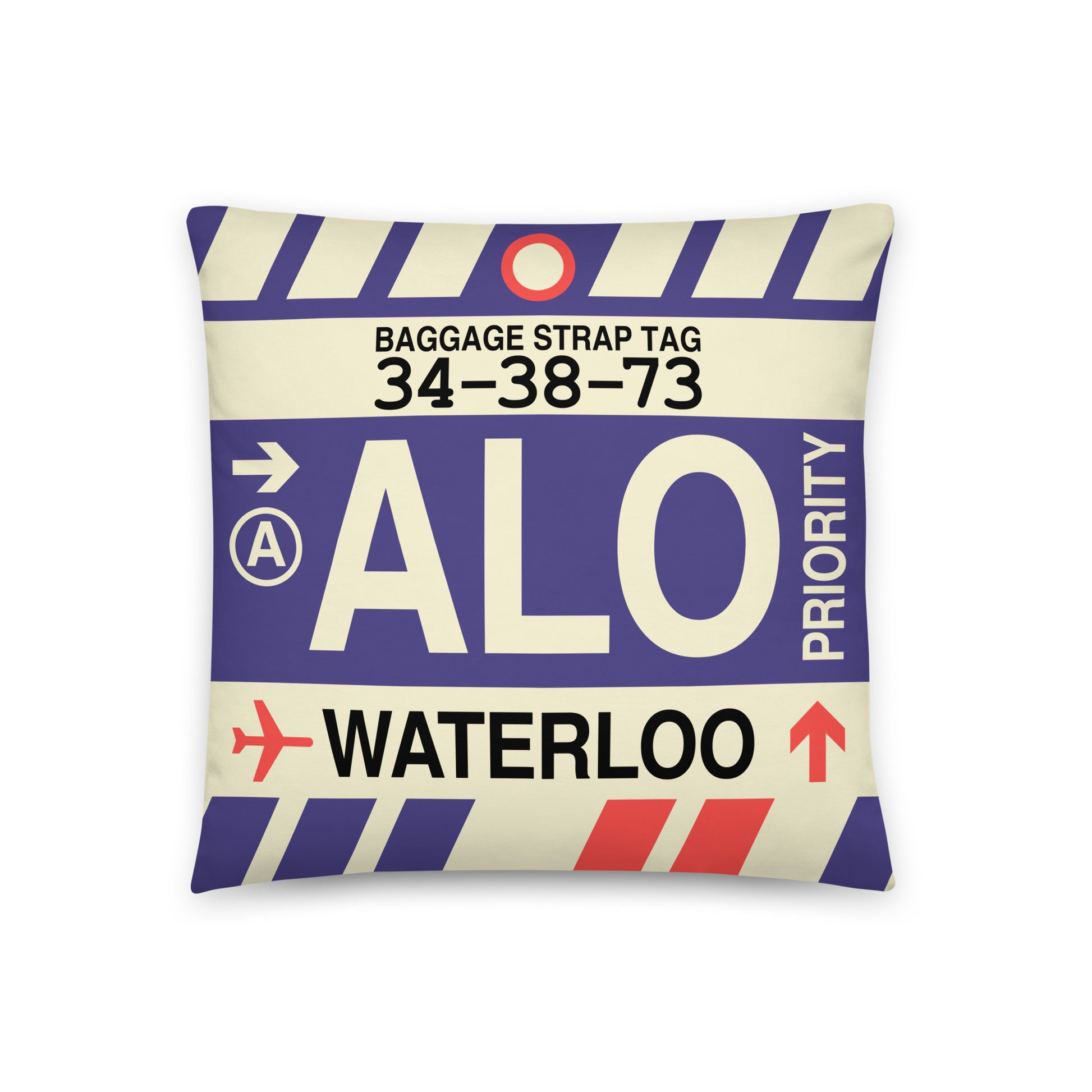 ALO Waterloo Throw Pillow • Jet Age Baggage Tag Design • YHM Designs - Image 01