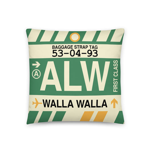 ALW Walla Walla Throw Pillow • Jet Age Baggage Tag Design • YHM Designs - Image 01
