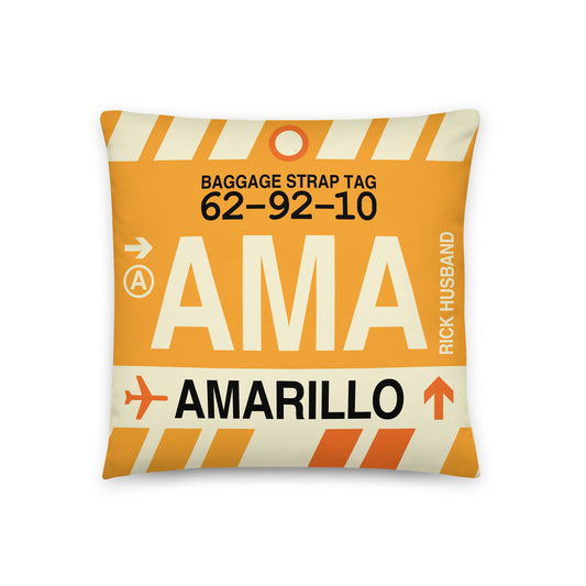 AMA Amarillo Throw Pillow • Jet Age Baggage Tag Design • YHM Designs - Image 01