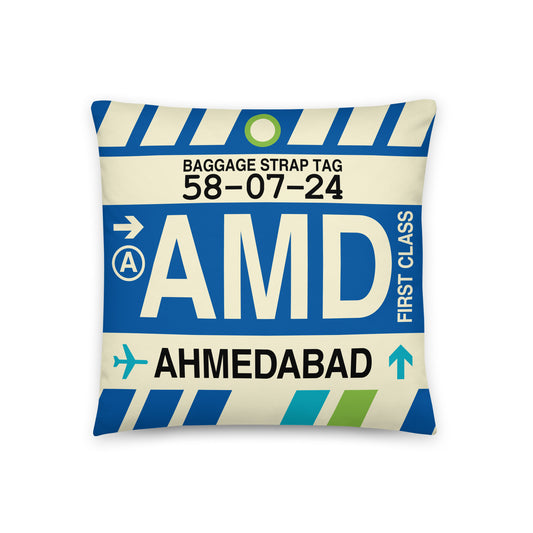AMD Ahmedabad Throw Pillow • Jet Age Baggage Tag Design • YHM Designs - Image 01