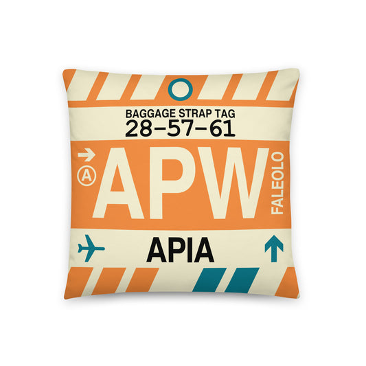 APW Apia Throw Pillow • Jet Age Baggage Tag Design • YHM Designs - Image 01