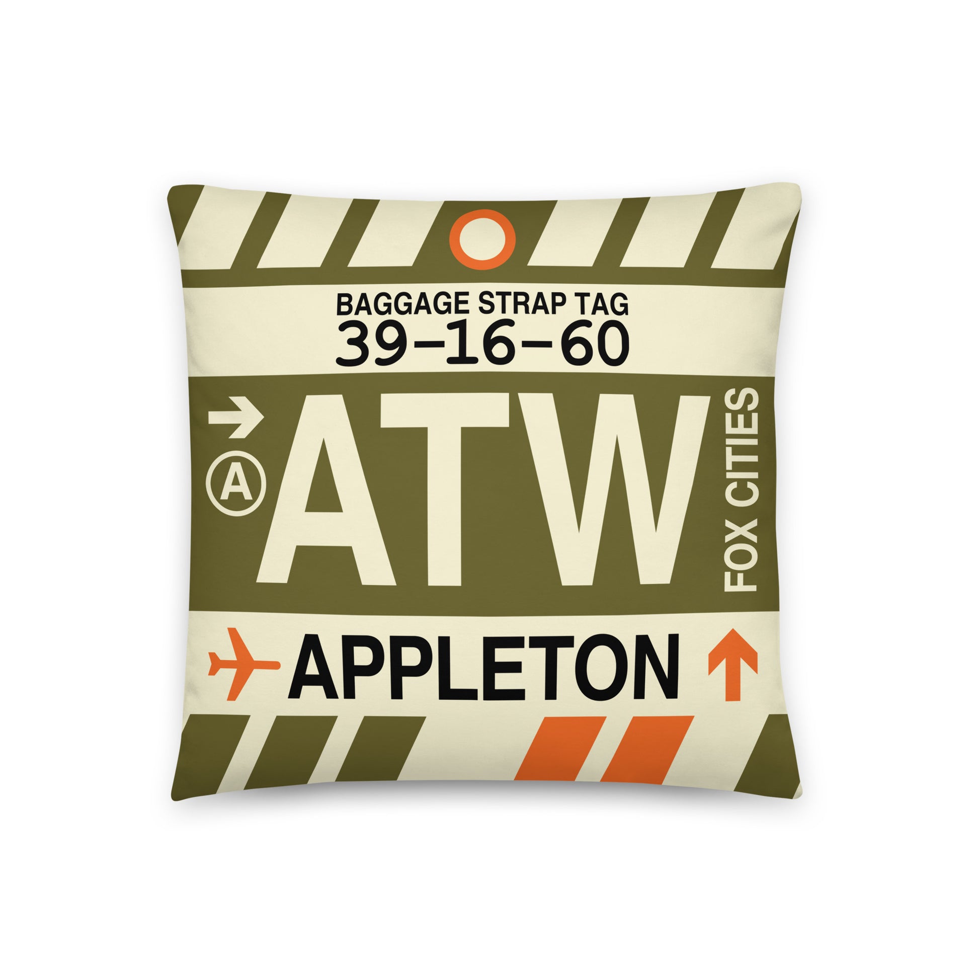ATW Appleton Throw Pillow • Jet Age Baggage Tag Design • YHM Designs - Image 01