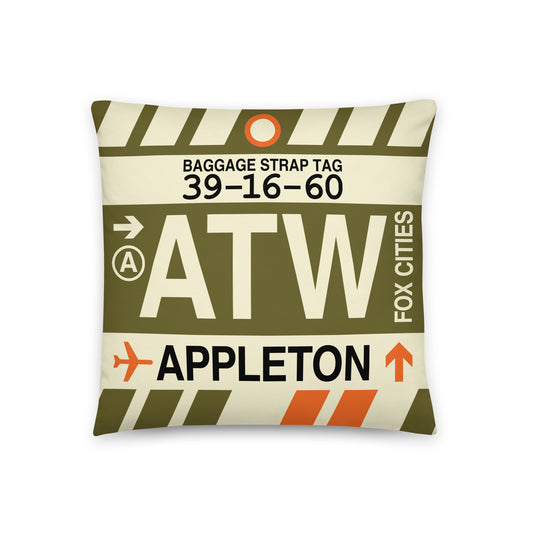 ATW Appleton Throw Pillow • Jet Age Baggage Tag Design • YHM Designs - Image 01