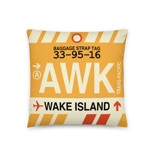 AWK Wake Island Throw Pillow • Jet Age Baggage Tag Design • YHM Designs - Image 01