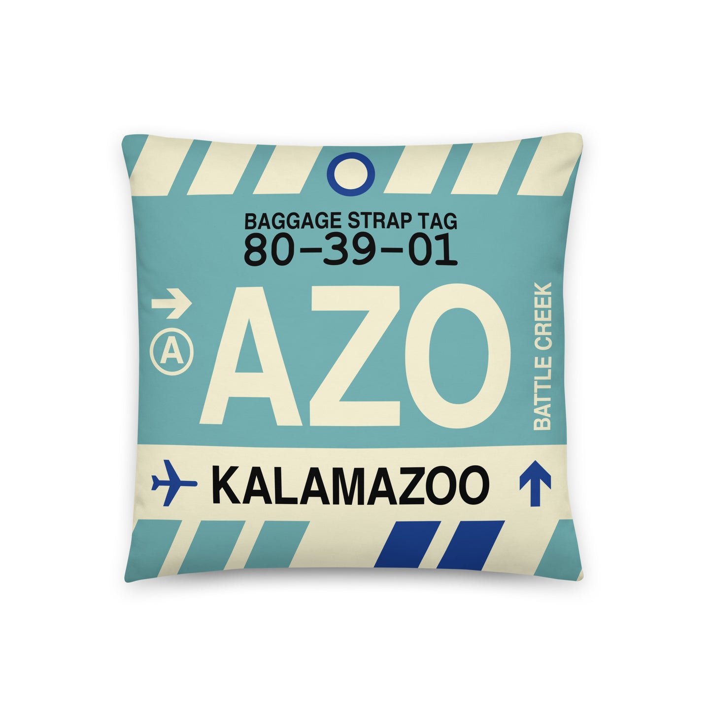 AZO Kalamazoo Throw Pillow • Jet Age Baggage Tag Design • YHM Designs - Image 01