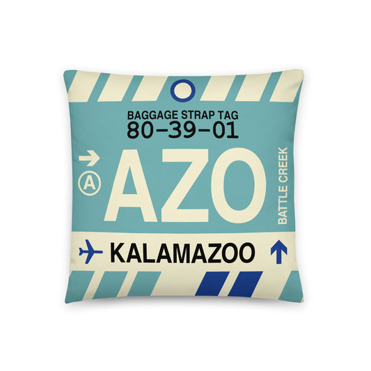 AZO Kalamazoo Throw Pillow • Jet Age Baggage Tag Design • YHM Designs - Image 01