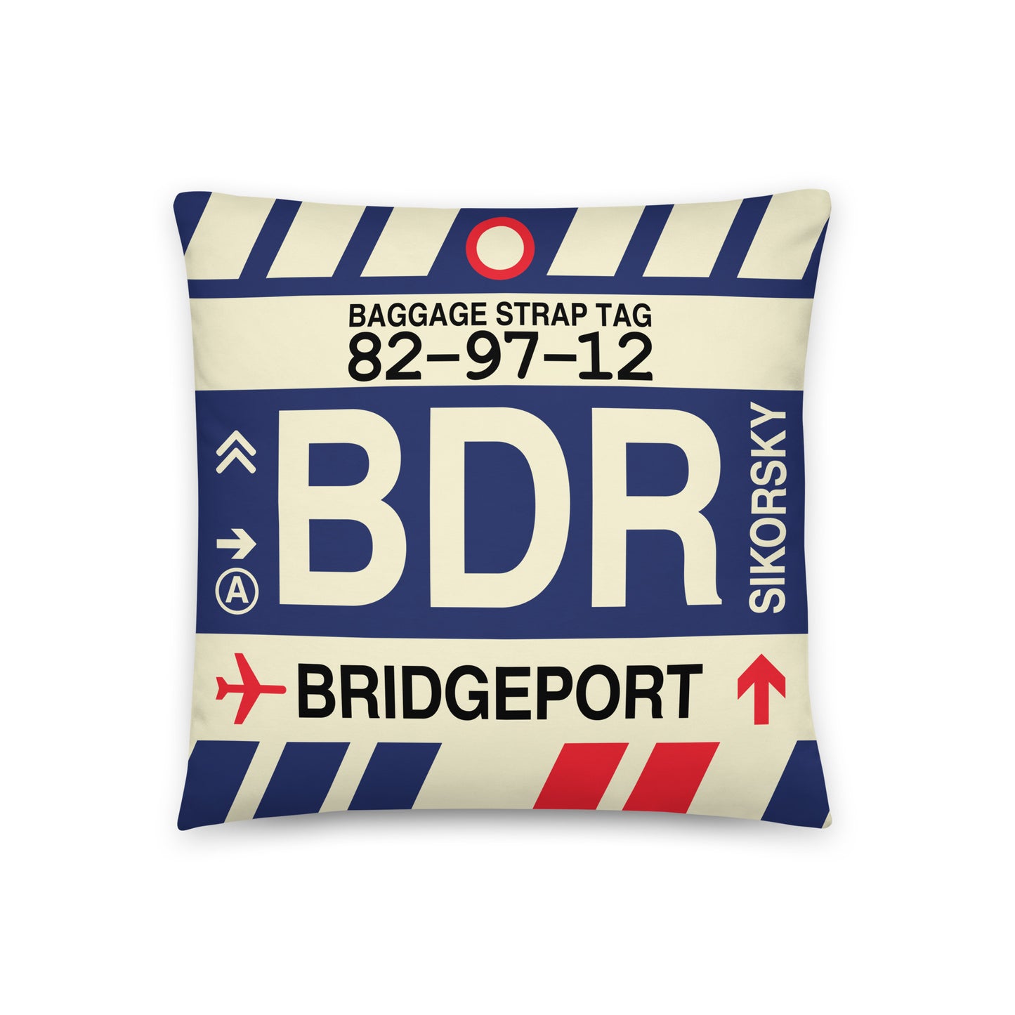 BDR Bridgeport Throw Pillow • Jet Age Baggage Tag Design • YHM Designs - Image 01