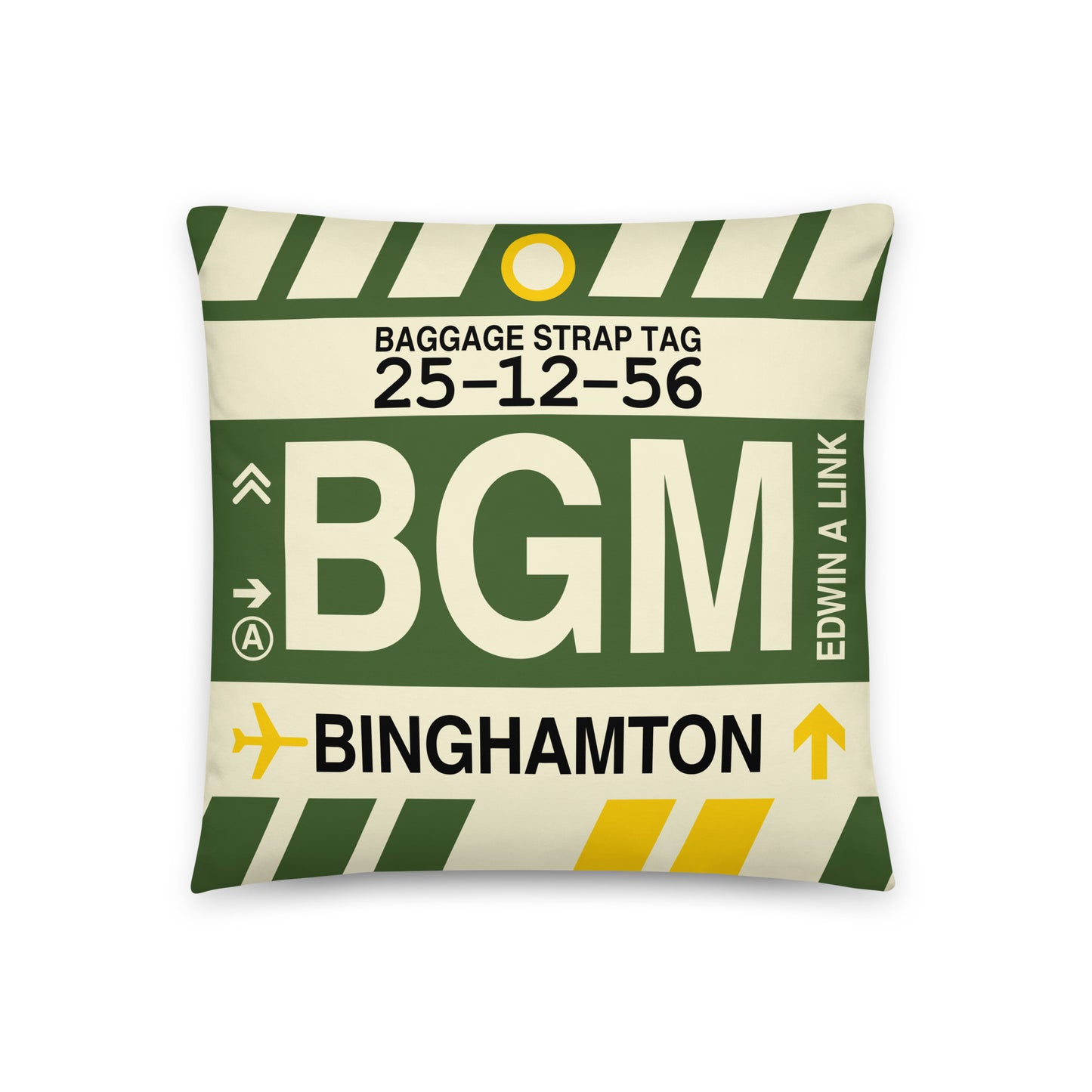 BGM Binghamton Throw Pillow • Jet Age Baggage Tag Design • YHM Designs - Image 01
