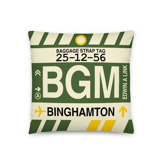 BGM Binghamton Throw Pillow • Jet Age Baggage Tag Design • YHM Designs - Image 01