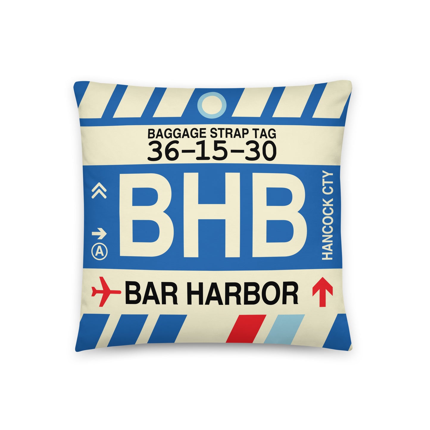 BHB Bar Harbor Throw Pillow • Jet Age Baggage Tag Design • YHM Designs - Image 01