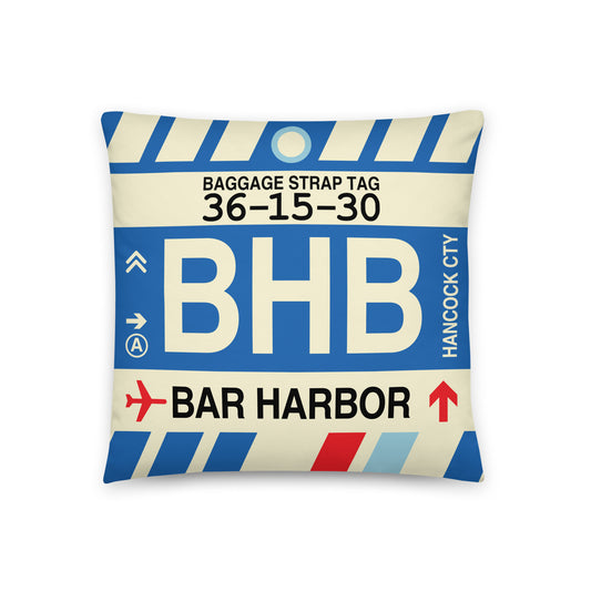 BHB Bar Harbor Throw Pillow • Jet Age Baggage Tag Design • YHM Designs - Image 01