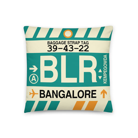 BLR Bengaluru Throw Pillow • Jet Age Baggage Tag Design • YHM Designs - Image 01