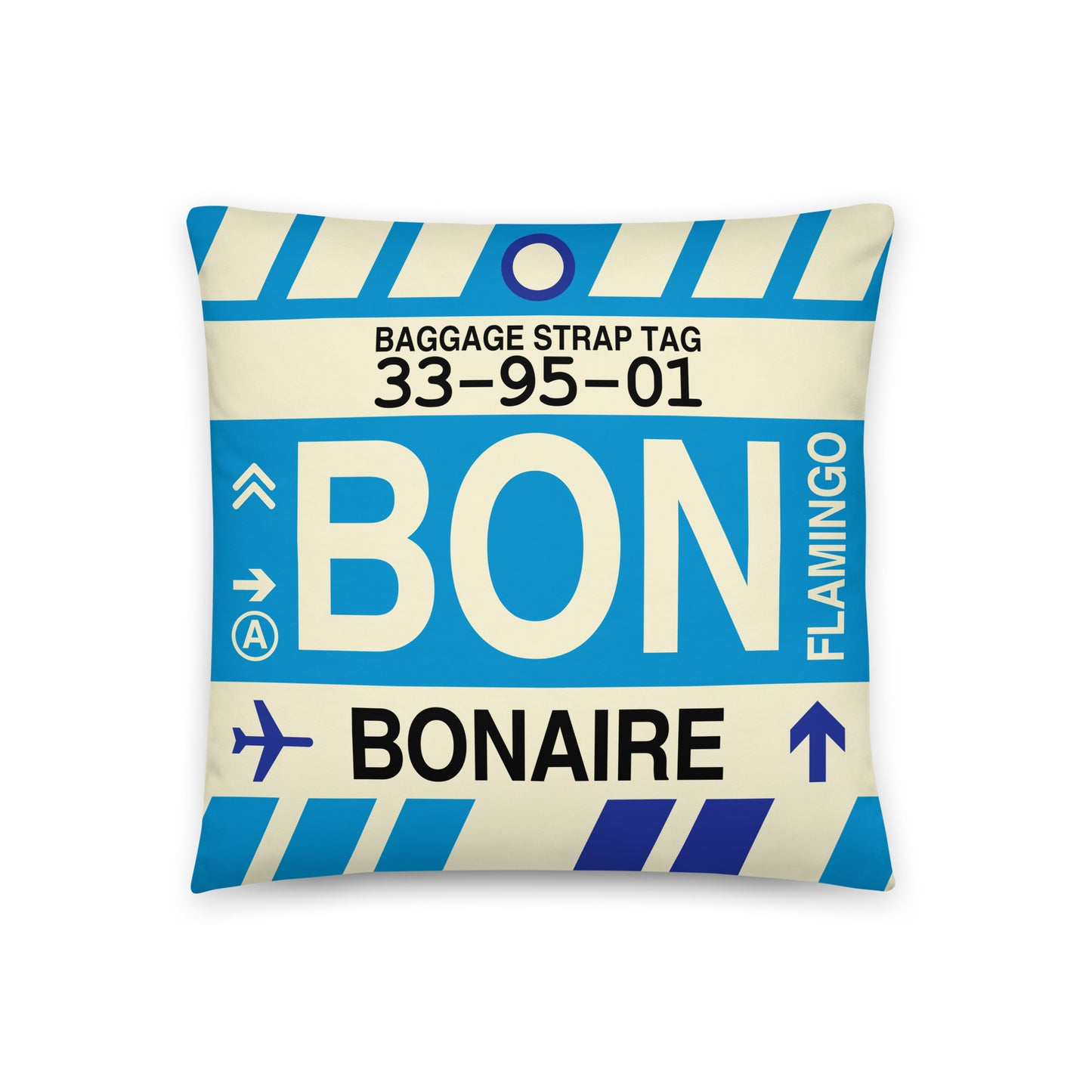 BON Bonaire Throw Pillow • Jet Age Baggage Tag Design • YHM Designs - Image 01